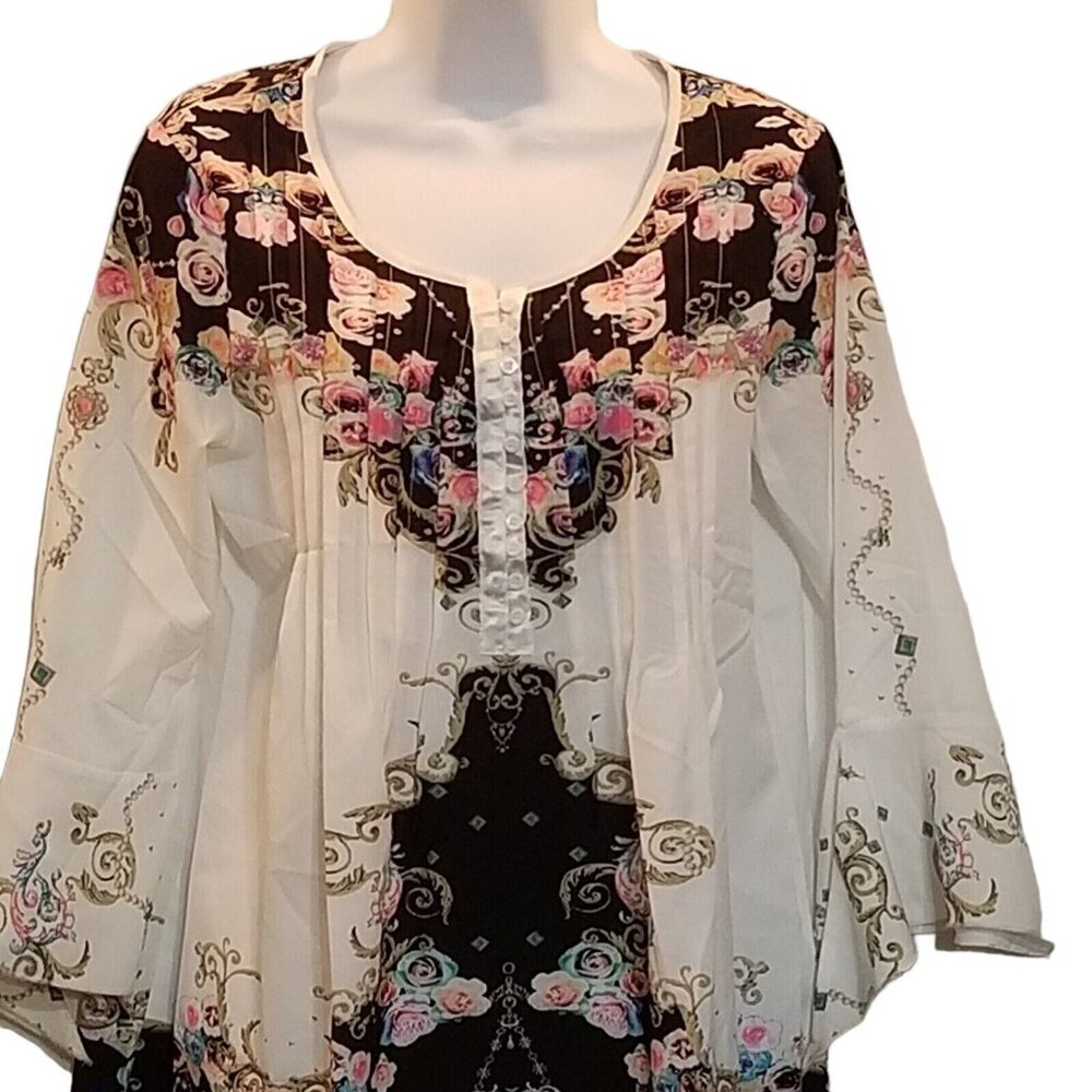Women's Blouse Top M Ruffled Frill Sleeve Pintucked Black White Floral Silky - Picture 2 of 10